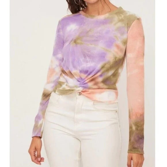 Lush Tie Dye Thermal Top S Waffle Knit Twist Front L/S Peach Olive Crewneck B54 - Picture 1 of 5